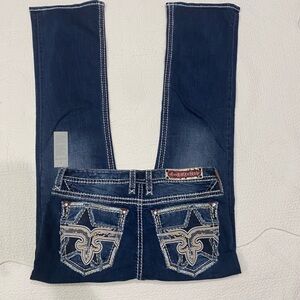 Rock Revival Blue Boot Cut Jeans with Intricate Stitching Size 36